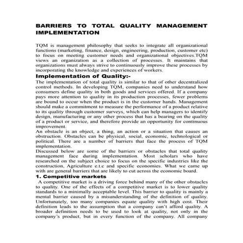Barriers to total quality management implementation By Mahr M.Haseeb Sultan