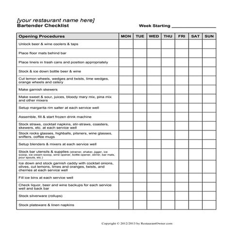 Bartender checklist