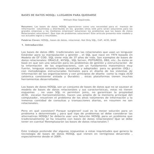 Tabla comparativa entre bases de datos sql y nosql | DOCX
