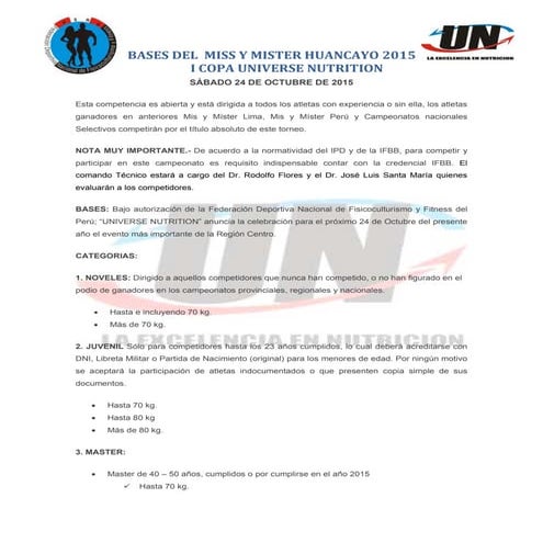Bases Oficiales I COPA UNIVERSE NUTRITION "Miss y Mister Huancayo 2015"