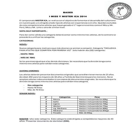 BASES DEL "I MISS Y MISTER ICA 2014"