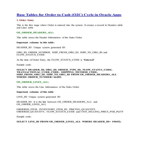 Base tables for order to cash