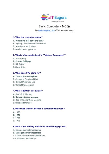 Computers basic mcq questions 3 | PDF