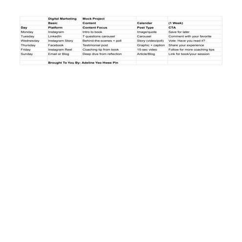 Digital Marketing Mock Project - Basic Content Calendar (1 Week) | PDF