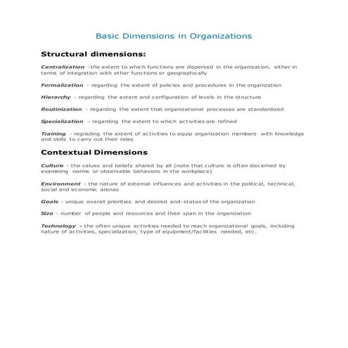 Basic Dimensions in organizations
