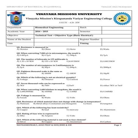Basic Electrical - Circuit Theory (Multi-choice questions) - Mathankumar.S (V...