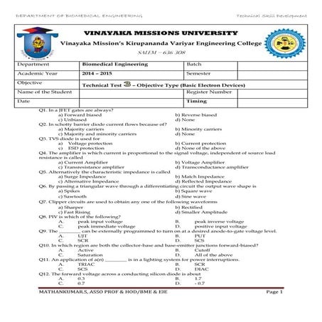 Basic Electron Devices (Multi-Choice Questions) - Mathankumar.S (VMKVEC)