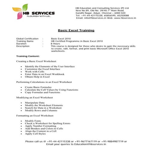 Basic excel training - HB Educational Services