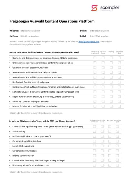 Fragebogen Content Operations Plattform
