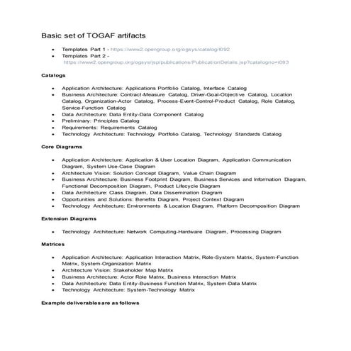 Basic set of core TOGAF artifacts and deliverables by ADM phase
