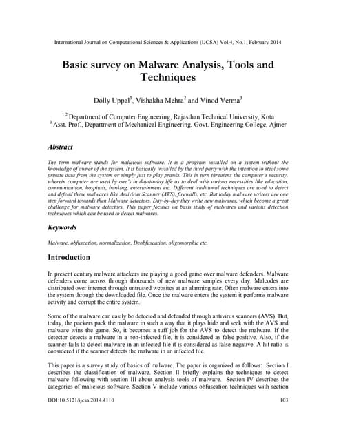 Basic survey on malware analysis, tools and techniques