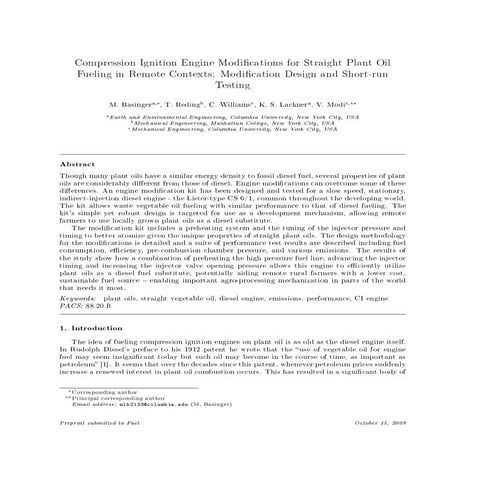 Compression Ignition Engine Modifications for Straight Vegetable Oil Fuel 