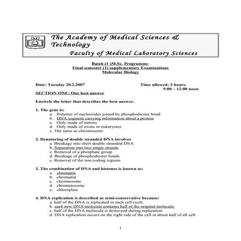 Batch (1) supplementary exam   m.sc - molecular biology