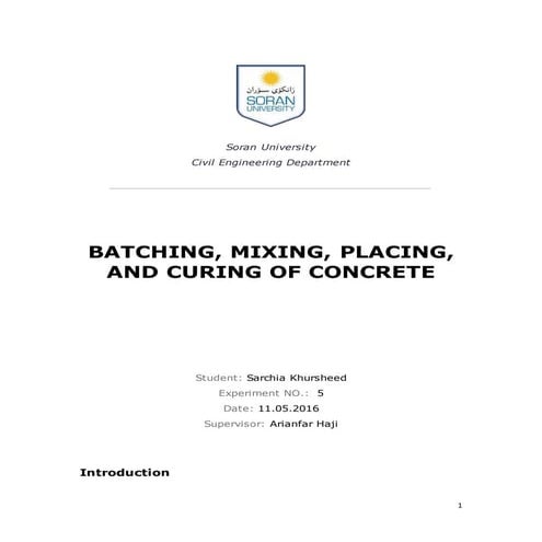 Batching, mixing, placing, and curing of concrete - Report