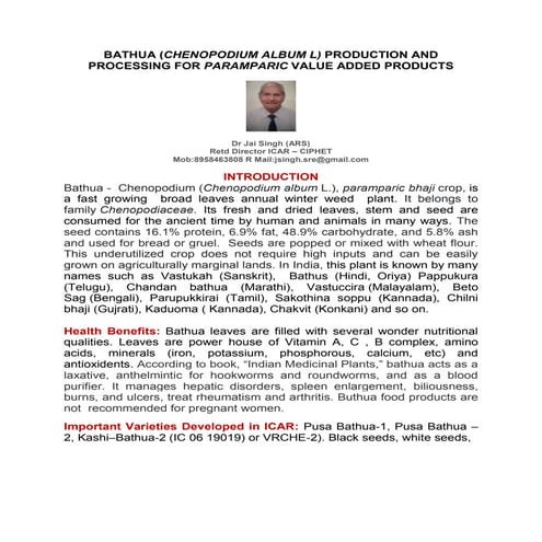 BATHUA (CHENOPODIUM ALBUM L) PRODUCTION AND PROCESSING FOR PARAMPARIC VALUE A...