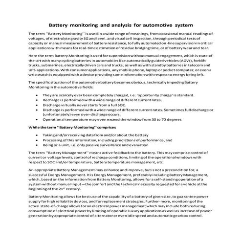 Battery monitoring and analysis for automotive system