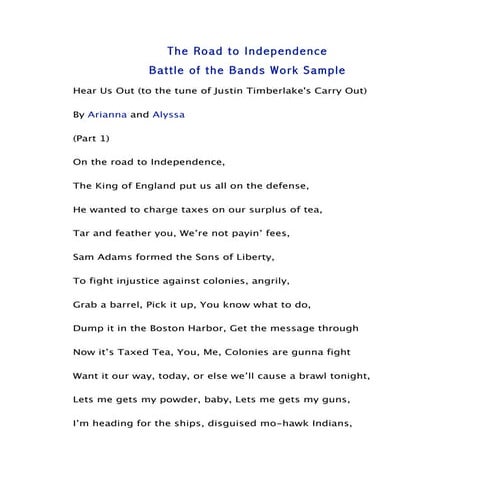 The Road to Independence: Work Sample