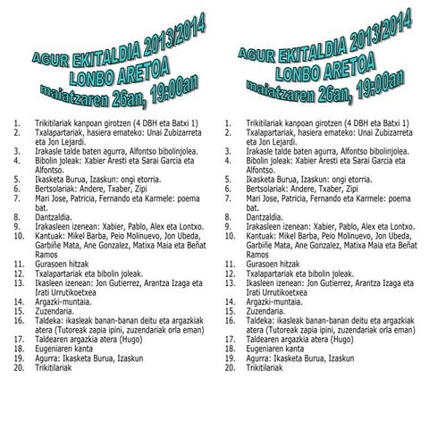 Batxiller 2koei  agurra. egitarau laburra