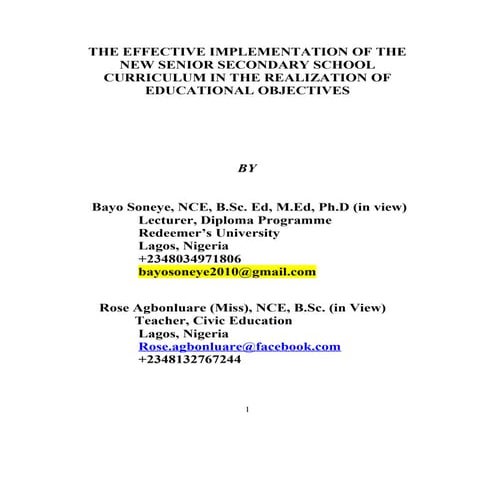 THE EFFECTIVE IMPLEMENTATION OF THE NEW SENIOR SECONDARY SCHOOL CURRICULUM IN...