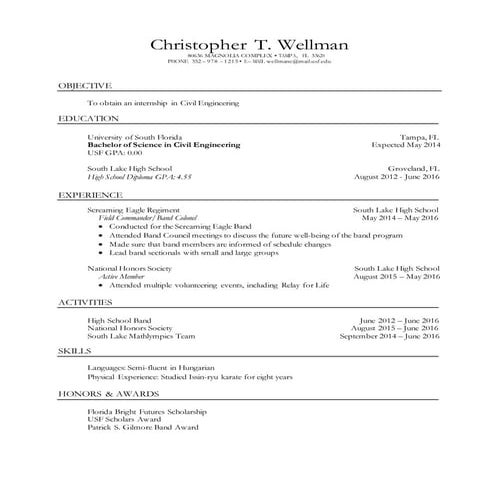 First Year Student Resume