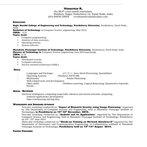 Vengatesh's resume for higher education