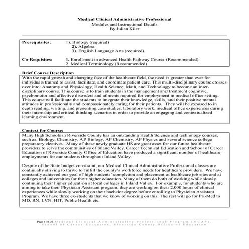 Medical Clinical Administrative Professional Detail Instructional Plan