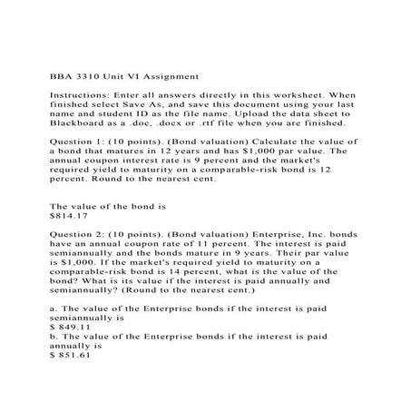 BBA 3310 Unit VI AssignmentInstructions Enter all answers.docx