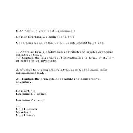 BBA 4351, International Economics 1 Course Learning O.docx