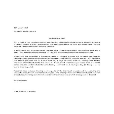 Maria Nash Confirmation of teaching and supervisory roles