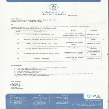 SITAL MQC experience certificate