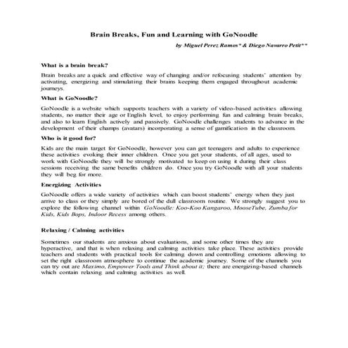 #TESOL16 Brain Breaks, Fun and Learning with GoNoodle [Handout]