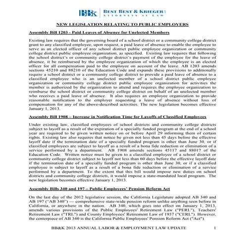 2013 BB&K Labor & Employment Update: New Legislation - Public Employers