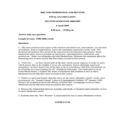 Modernism and Beyond - Final Exam