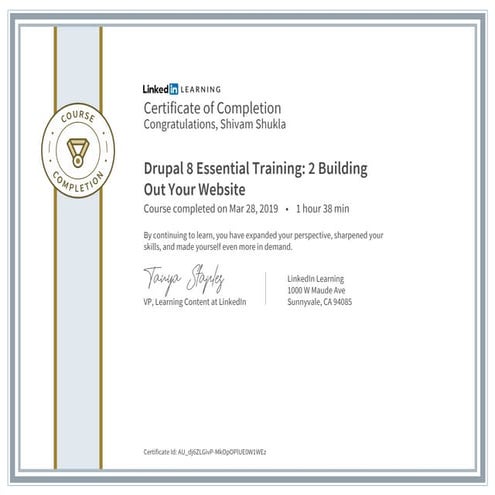 Certificate of completion of drupal 8 essential training 2 building out your ...