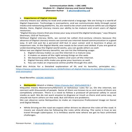 Digital Literacy, E Mail Etiquette, LinkedIn, Blogs 
