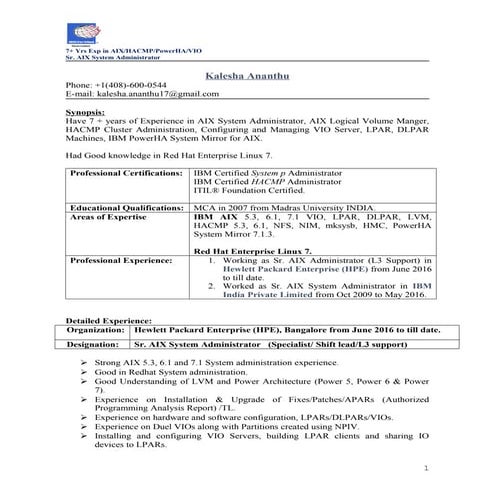 Updated UNIX RESUME 7+Yrs- Kalesha