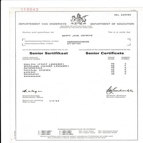 HOFMEYR Barry - Matric certificate