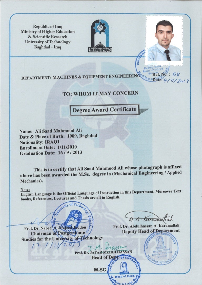 MSc Degree Award Certificate