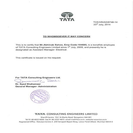 Experience certificate TATA CONSULTING ENGINEERS