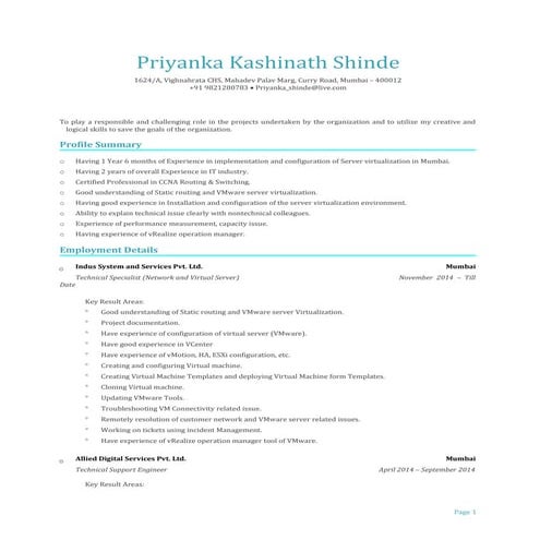 Resume for VMware profile