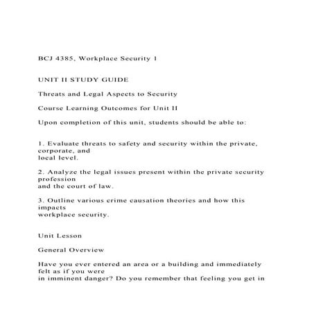 BCJ 4385, Workplace Security 1 UNIT II STUDY GUIDE T.docx