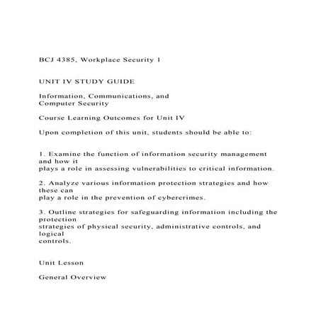 BCJ 4385, Workplace Security 1 UNIT IV STUDY GUIDE I.docx