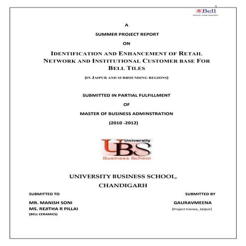 Bell Ceramics project rport on ceramic tiles(gaurav UBS ,chandigarh 2011)f