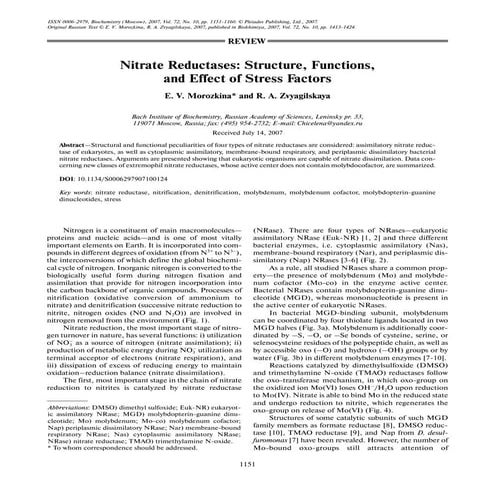 Nitrate Reductases: Structure, Functions, and Effect of Stress Factors
