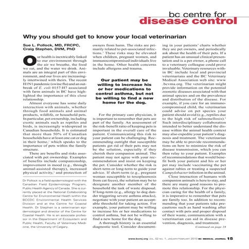 British Columbia Medical Journal, January/February 2010 issue: CDC - Why you should get to know your local veterinarian