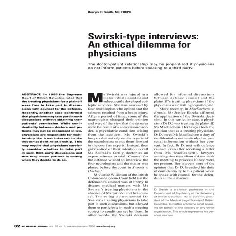 British Columbia Medical Journal, January/February 2010 issue: Swirski-type interviews: An ethical dilemma for physicians
