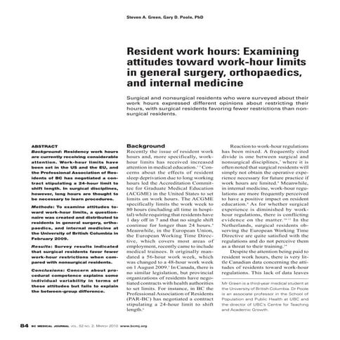 British Columbia Medical Journal, March 2010 issue: Resident work hours: Exam...