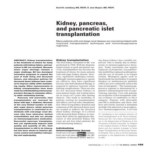 British Columbia Medical Journal - May 2010: Kidney, pancreas, and pancreatic islet transplantation