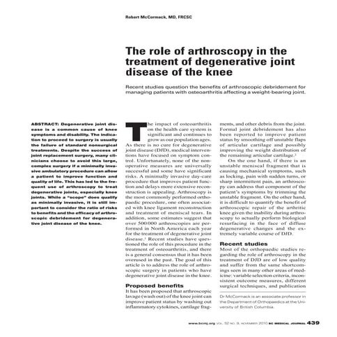 British Columbia Medical Journal - November 2010: The role of arthroscopy in the treatment of degenerative joint disease of the knee