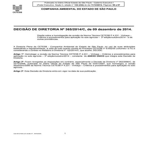 Cetesb - DECISÃO DE DIRETORIA Nº 365/2014/C, de 09 dezembro de 2014